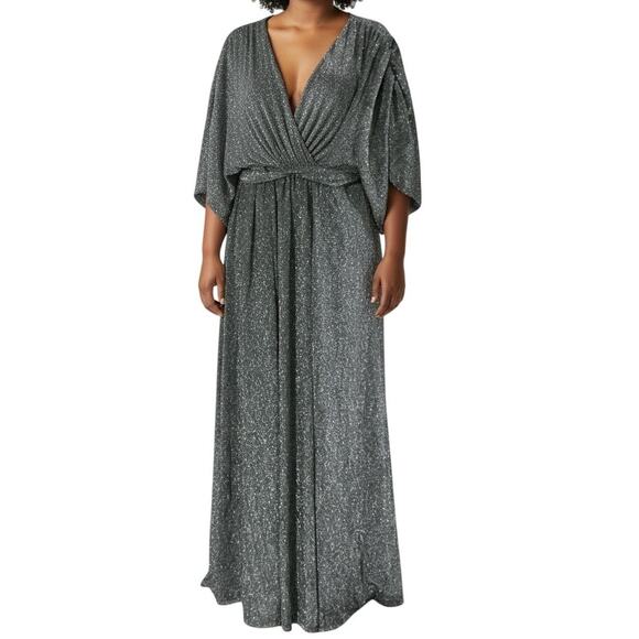 Ellos Metallic Silver Glitter Maxi Dress Kimono Sleeve Belted V Neck 1X 22/24 - Picture 1 of 9
